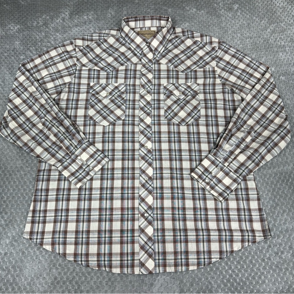 Wrangler Western Pearl Snap Shirt Men’s XL Brown Plaid Rodeo Cowboy Long Sleeve